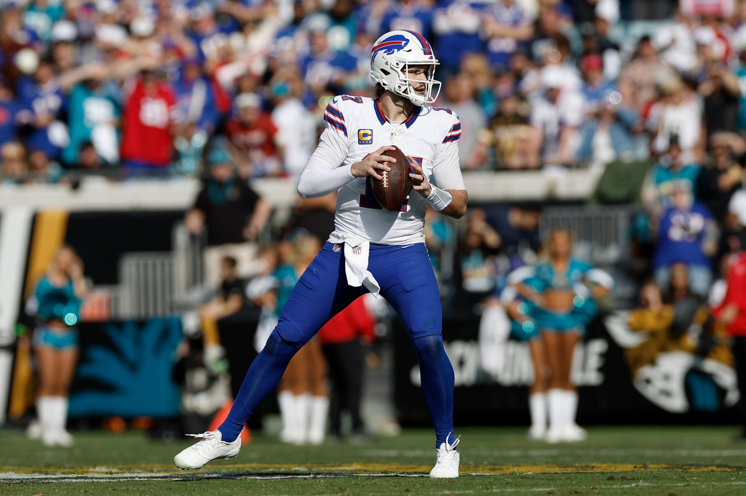 JACKSONVILLE, FL - JANUARY 11: Josh Allen #17 of the Buffalo Bills looks for a receiver during the AFC Wildcard Playoff game between the Jacksonville Jaguars and the Buffalo Bills on January 11, 2026 at EverBank Stadium in Jacksonville, Fl. (Photo by David Rosenblum/Icon Sportswire via Getty Images)