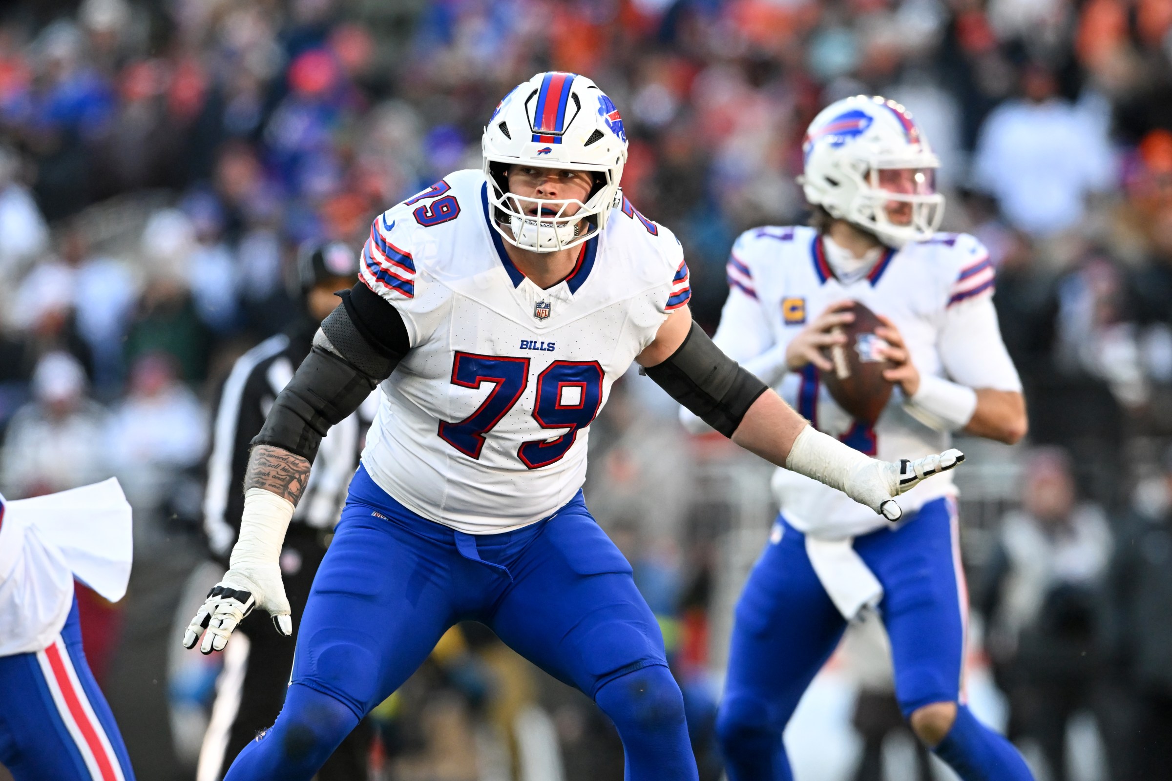CLEVELAND, OHIO - DECEMBER 21: Spencer Brown #79 of the Buffalo Bills in action during the fourth quarter against the Cleveland Browns at Huntington Bank Field on December 21, 2025 in Cleveland, Ohio. (Photo by Nick Cammett/Diamond Images via Getty Images)