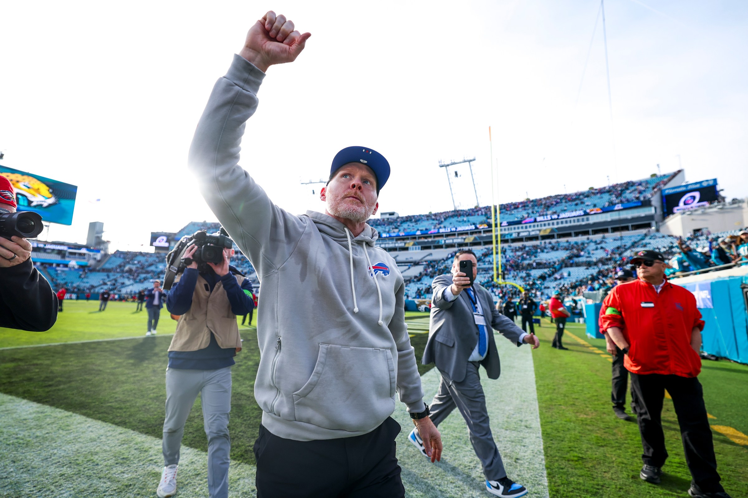 JACKSONVILLE, FLORIDA - JANUARY 11: Head coach Sean McDermott of the Buffalo Bills celebrates as he walks off the field after an NFL wild card playoff game against the Jacksonville Jaguars at Everbank Stadium on January 11, 2026 in Jacksonville, Florida. (Photo by Logan Bowles/Getty Images)