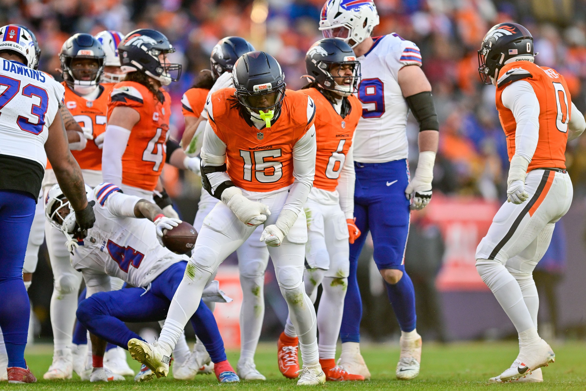 DENVER, CO - JANUARY 17: Denver Broncos linebacker Nik Bonitto (15) celebrates after a defensive play in the second half in the AFC Divisional Round game at Empower Field at Mile High on January 17, 2026 in Denver, Colorado. (Photo by Dustin Bradford/Icon Sportswire via Getty Images)