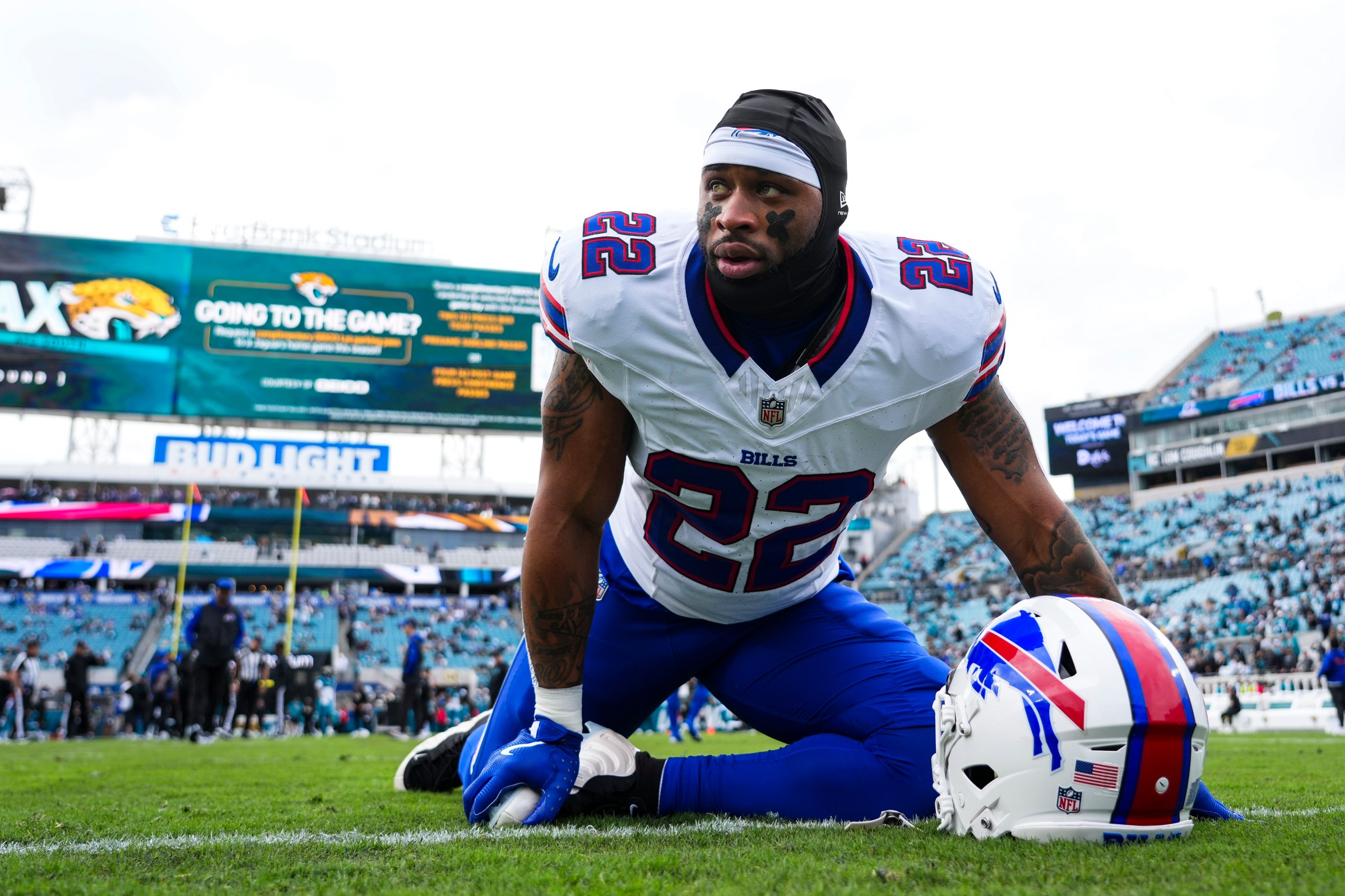 JACKSONVILLE, FLORIDA - JANUARY 11: Ray Davis #22 of the Buffalo Bills warms up prior to an NFL wild card playoff football game against the Buffalo Bills at EverBank Stadium on January 11, 2026 in Jacksonville, FL. (Photo by Perry Knotts/Getty Images)