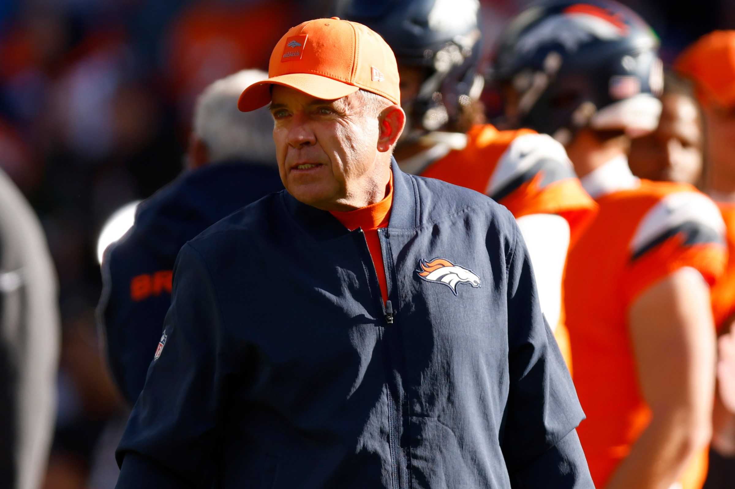 DENVER, COLORADO - JANUARY 17: Head coach Sean Payton of the Denver Broncos looks on prior to the AFC Divisional Playoff game against the Buffalo Bills at Empower Field At Mile High on January 17, 2026 in Denver, Colorado. (Photo by Justin Edmonds/Getty Images)