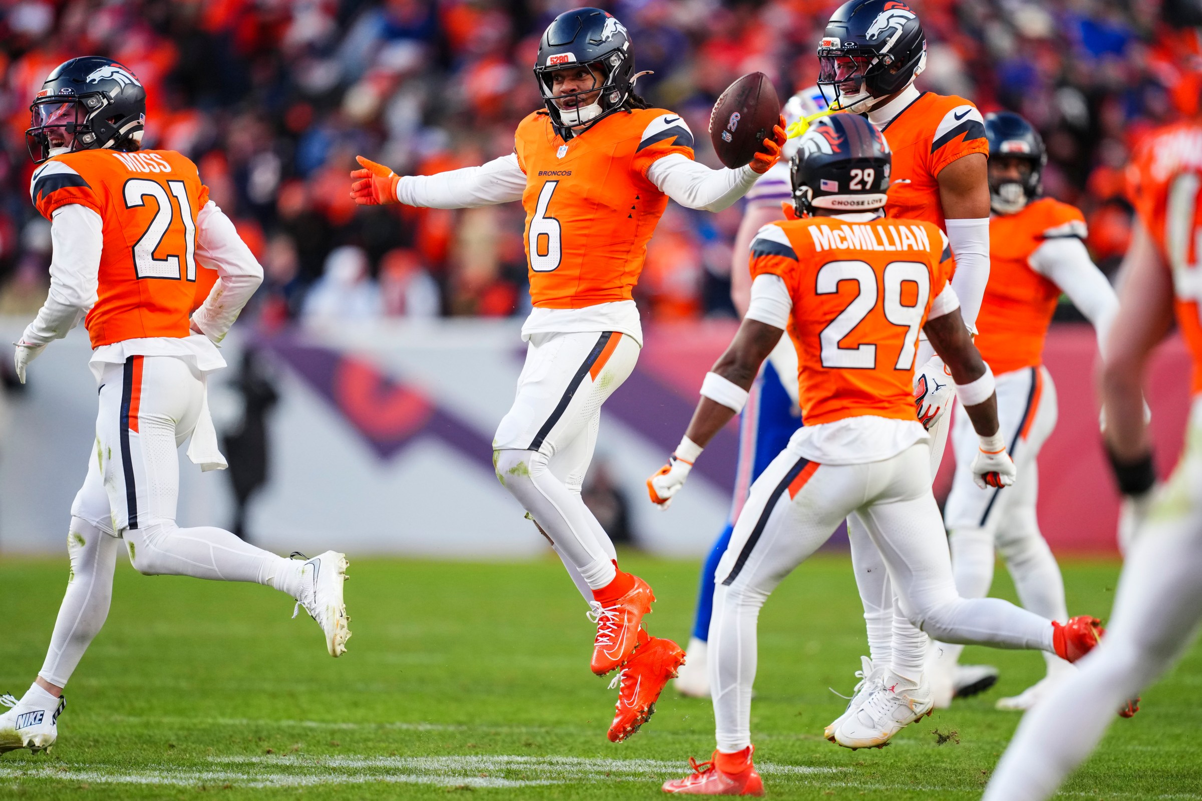 DENVER, CO - JANUARY 17: P.J. Locke #6 of the Denver Broncos celebrates during an NFL divisional playoff football game against the Buffalo Bills at Empower Field At Mile High on January 17, 2026 in Denver, Colorado. (Photo by Cooper Neill/Getty Images)
