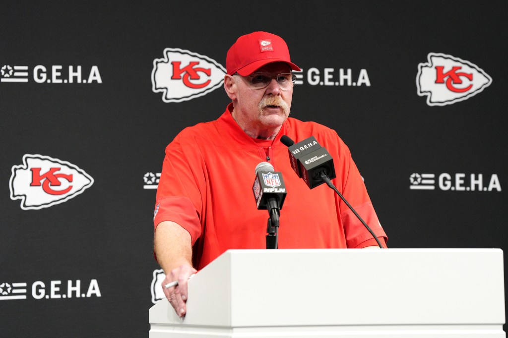 Andy Reid, head coach of the Kansas City Chiefs, speaks at a press conference.