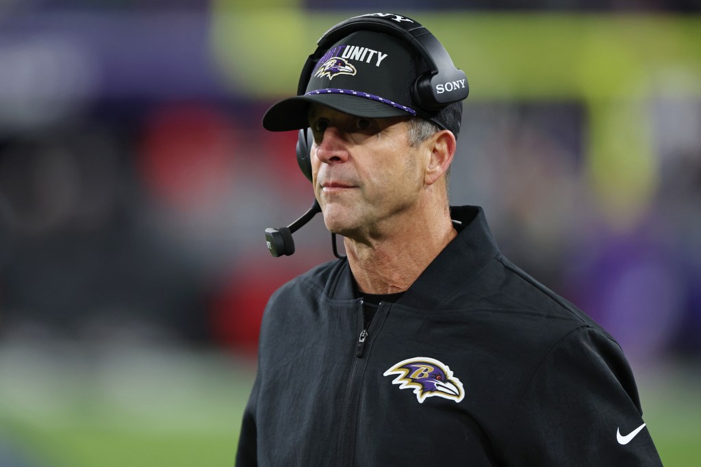 John Harbaugh looks on during the Ravens-Patriots game on Dec. 21, 2025. 