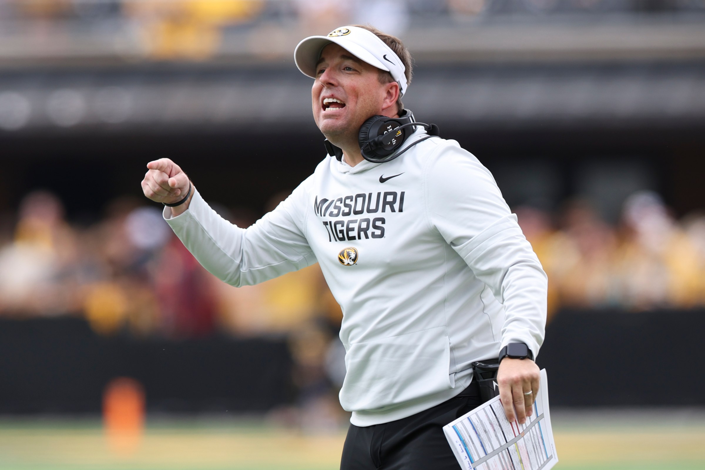 Oct 11, 2025; Columbia, Missouri, USA; Missouri Tigers head coach Eli Drinkwitz reacts during the first quarter against the Alabama Crimson Tide at Faurot Field at Memorial Stadium. Mandatory Credit: Reese Strickland-Imagn Images