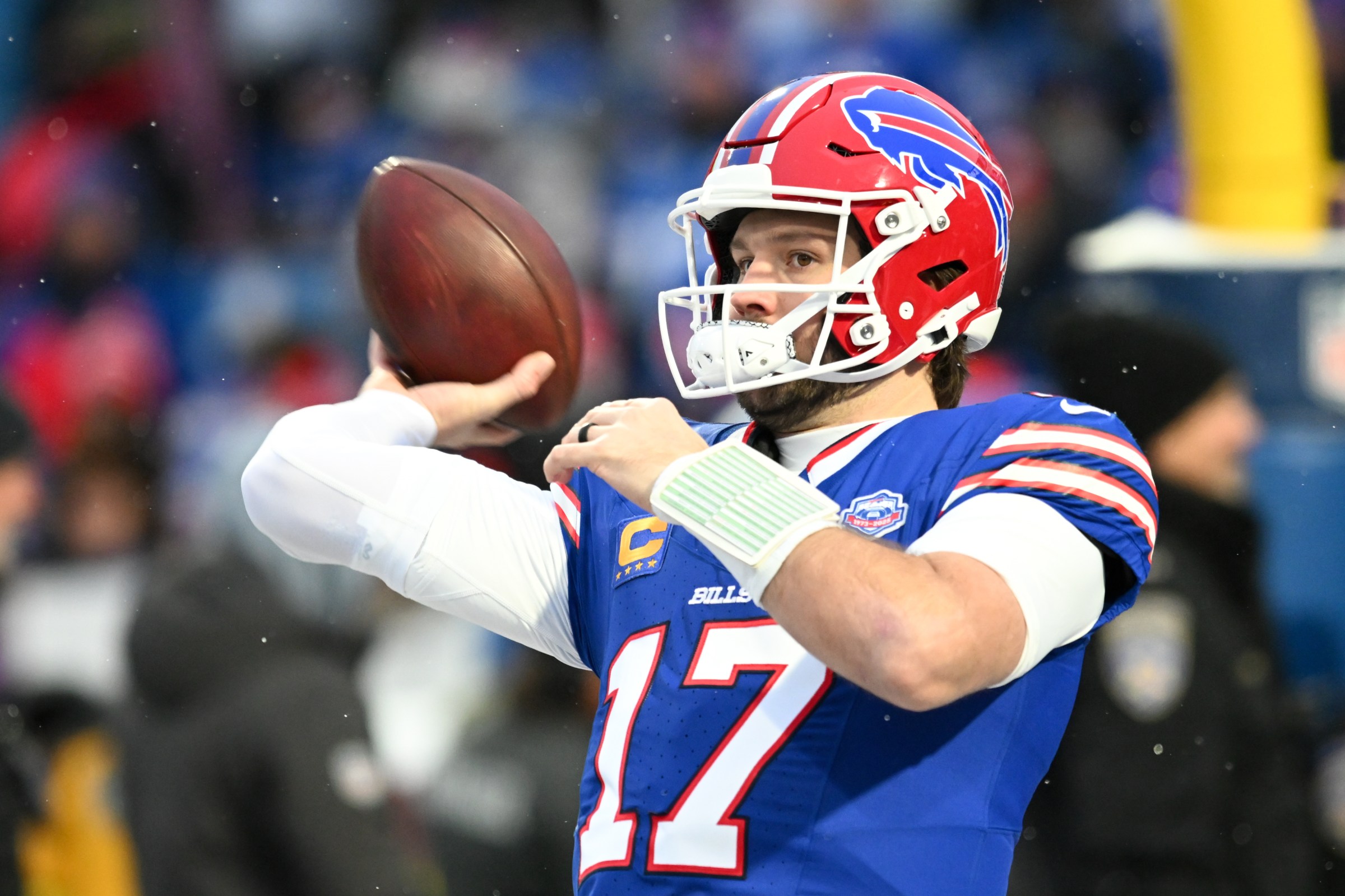 Jan 4, 2026; Orchard Park, New York, USA; Buffalo Bills quarterback Josh Allen (17) warms up before the game against the New York Jets at Highmark Stadium. Mandatory Credit: Mark Konezny-Imagn Images