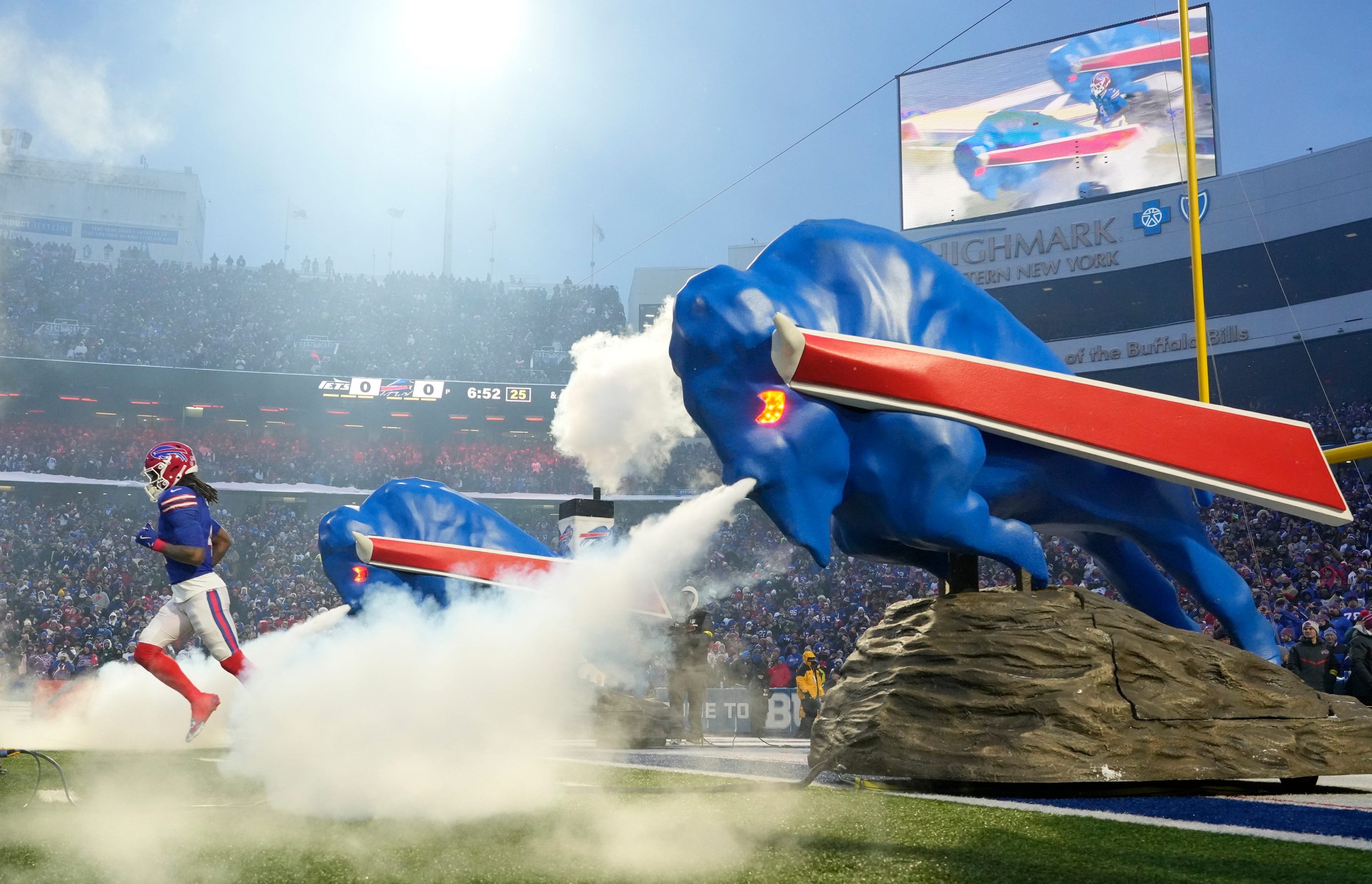 Bills running back James Cook III runs onto the field during player introductions before their last regular season game against the Jets at Highmark Stadium in Orchard Park Sunday, Jan. 4, 2026