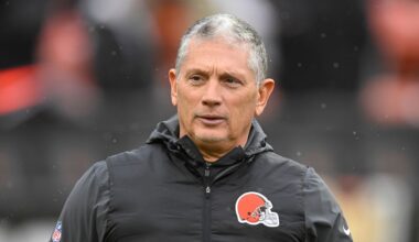 Cleveland Browns defensive coordinator Jim Schwartz walks on the field before an NFL football game against the Tennessee Titans in Cleveland, Dec. 7, 2025. (AP Photo/David Richard, File)