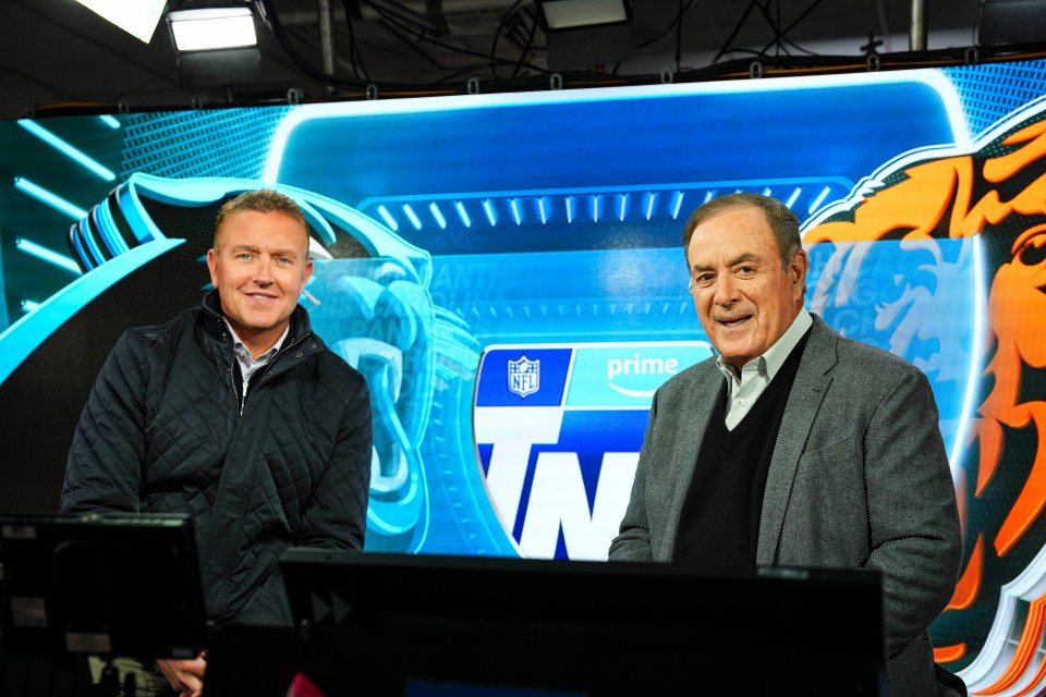 Kirk Herbstreit and Al Michaels in the Amazon Prime TNF broadcast booth prior to an NFL football game between the Carolina Panthers and the Chicago Bears at Soldier Field on November 9, 2023