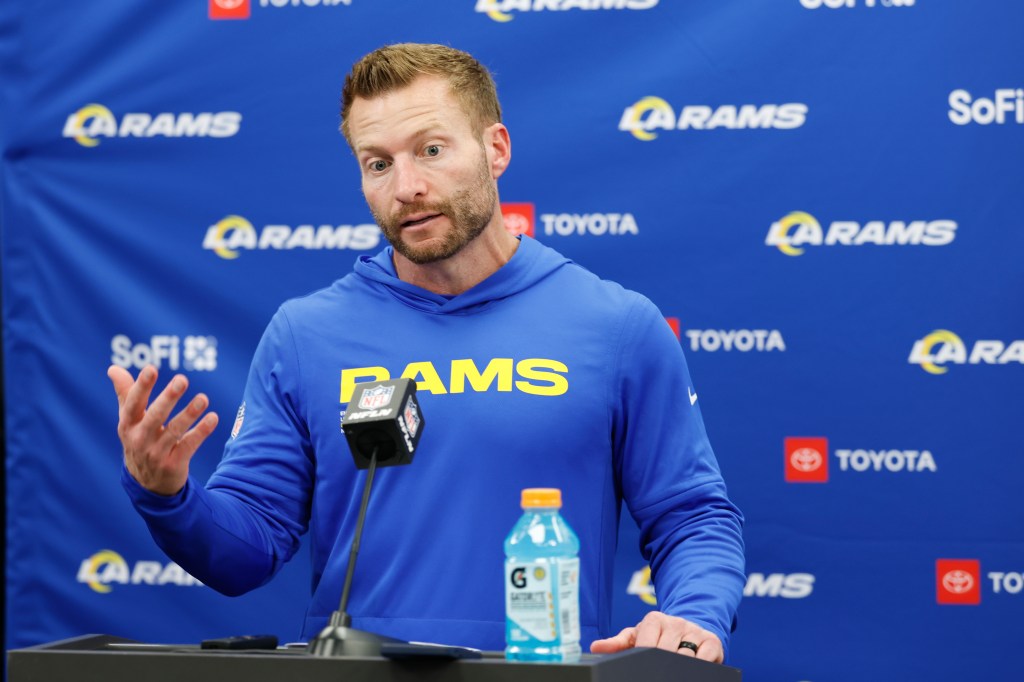 Los Angeles Rams head coach Sean McVay answers questions after a playoff game.