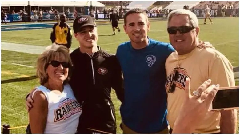 L to R: Kristi, Mike, Matt, Denny LaFleur. Notice Kristi and Denny are wearing their “San Angeles Ram-ers” shirts