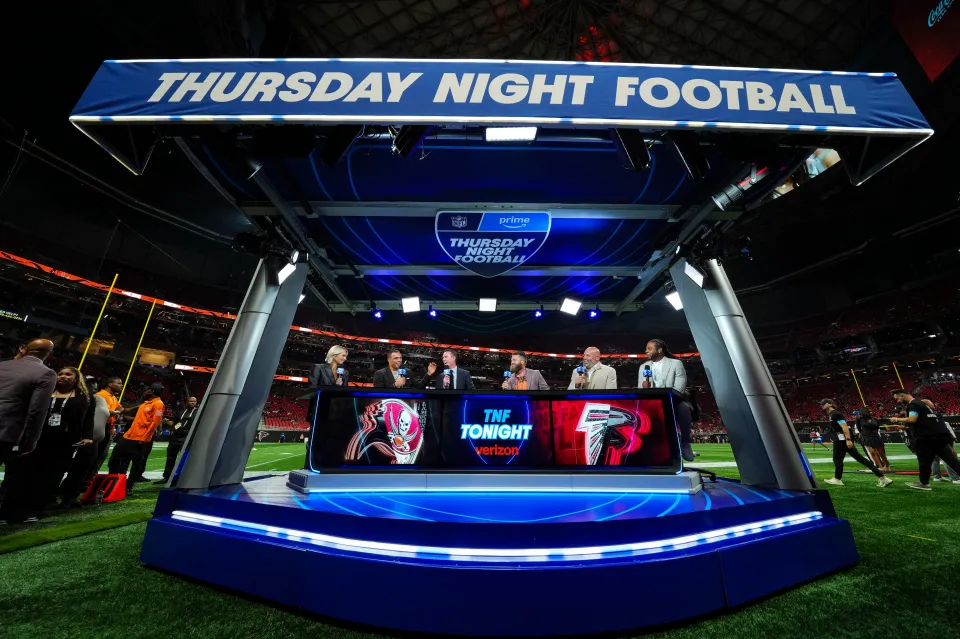 Matt Ryan visits on set of the TNF on Prime show prior to an NFL football game between the Tampa Bay Buccaneers and the Atlanta Falcons at Mercedes-Benz Stadium on October 3, 2024 in Atlanta, Georgia