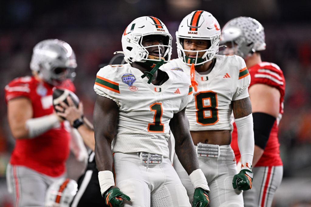 Miami Hurricanes linebacker Mohamed Toure (1) celebrating a defensive stop in the 2025 Cotton Bowl against the Ohio State Buckeyes.