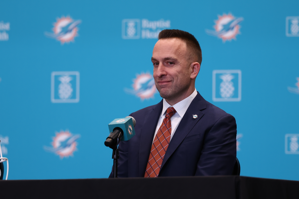 new Miami Dolphins head coach Jeff Hafley smiles at his family during the Miami Dolphins press conference on Thursday, January 22, 2026