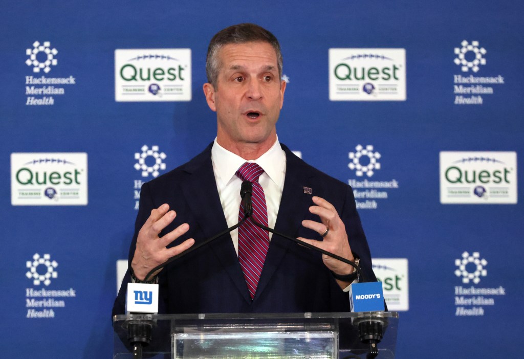 John Harbaugh speaks at his Giants introductory press conference on Jan. 20, 2026.