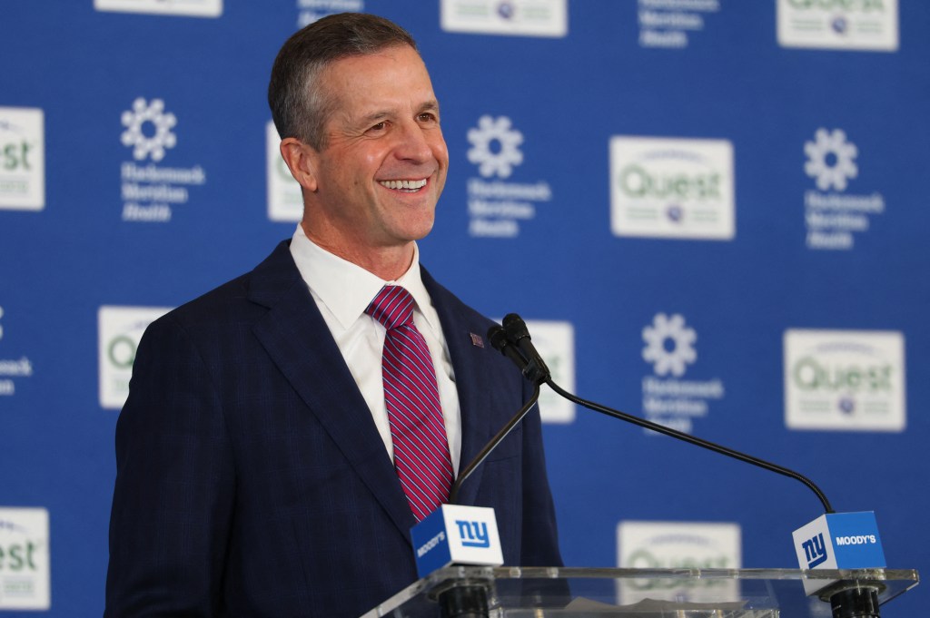 New York Giants head coach John Harbaugh speaks at his introductory press conference.