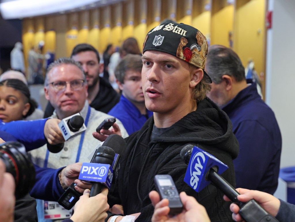 New York Giants quarterback Jaxson Dart speaking to the media as the Giants players were cleaning out their lockers at the New York Giants training facility in East Rutherford, New Jersey.