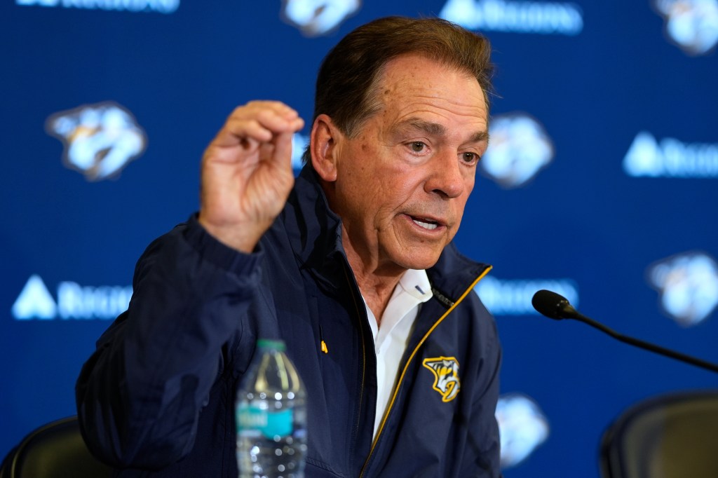 Nick Saban speaks during a news conference announcing his minority ownership of the Nashville Predators at the NHL hockey team's facilty Monday, Dec. 22, 2025, in Nashville, Tenn. 
