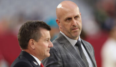Arizona Cardinals GM Monti Ossenfort chats with owner Michael Bidwill...