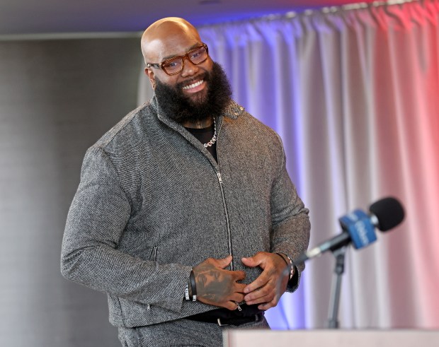 New England Patriots offensive lineman Morgan Moses speaks during a March 13 press conference to introduce free agent signings. (Photo By Matt Stone/Boston Herald)