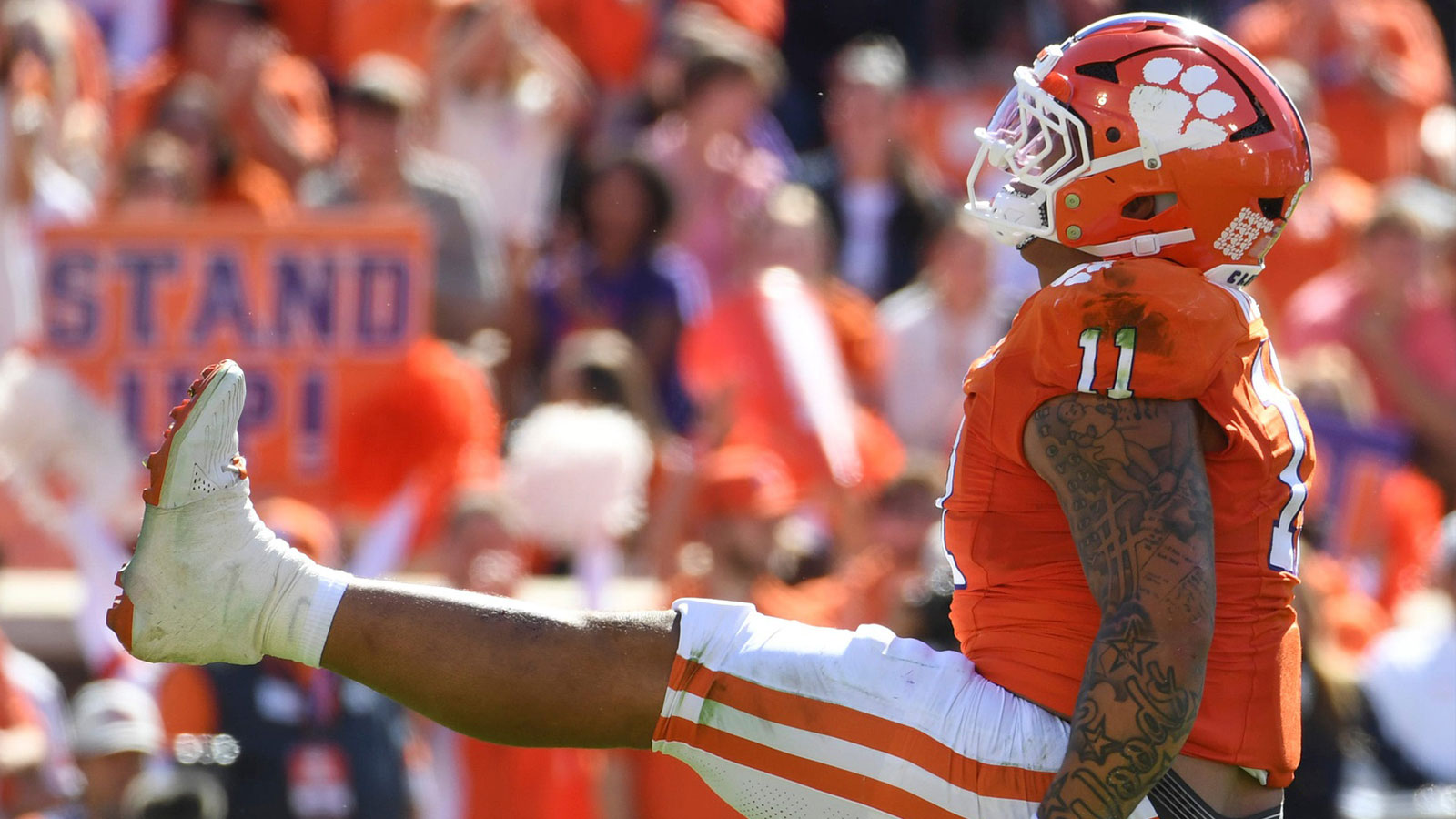 Clemson Tigers defensive tackle Peter Woods (11) celebrates after sacking Duke Blue Devils quarterback Darian Mensah (10) Saturday, Nov. 1, 2025, during the NCAA football game at Memorial Stadium in Clemson, South Carolina.