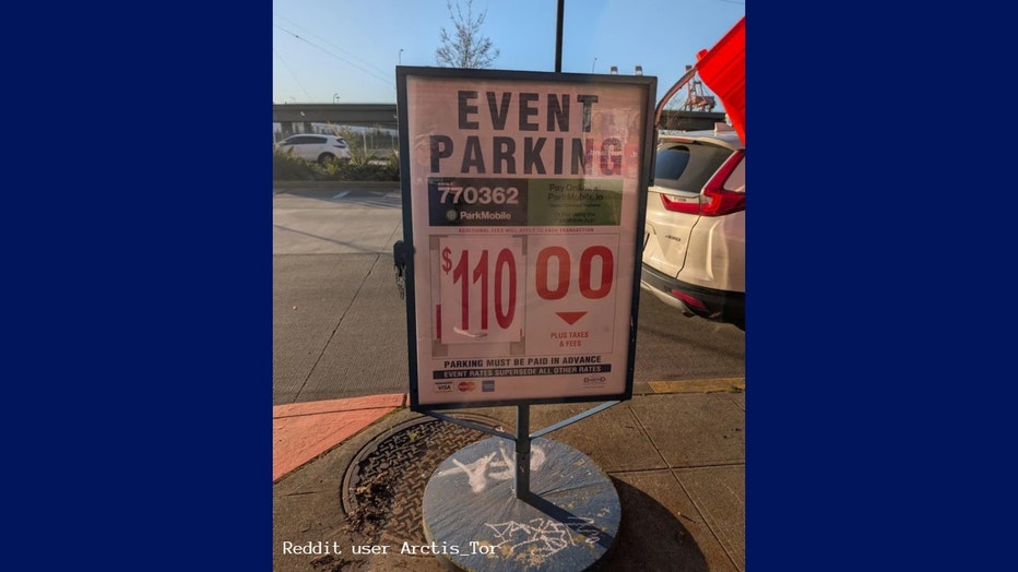 image showing a sign for parking rates at 110 dollars outside seahawks' nfc divisional game
