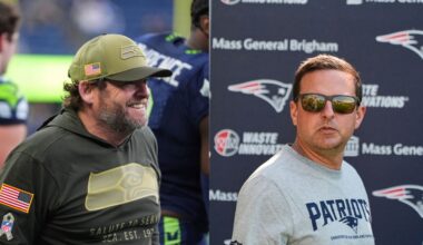 Seattle Seahawks General Manager John Schneider (left) and New England Patriots Executive Vice President Eliot Wolf