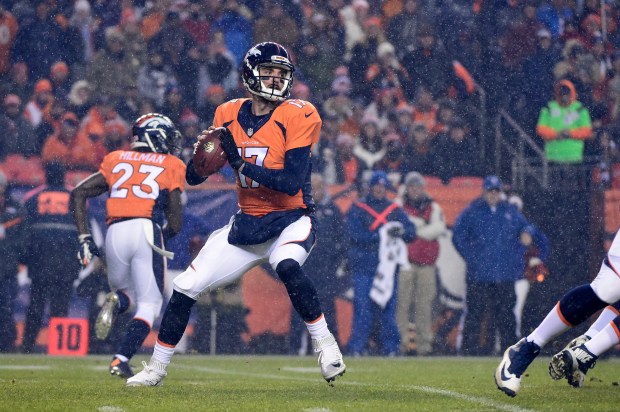 Brock Osweiler (17) of the Denver ...