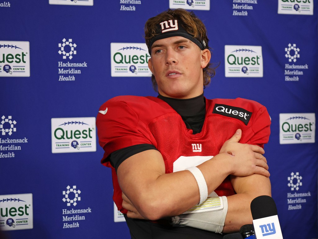 New York Giants quarterback Jaxson Dart (6) speaks at a press conference when the New York Giants practiced Wednesday, December 31, 2025.