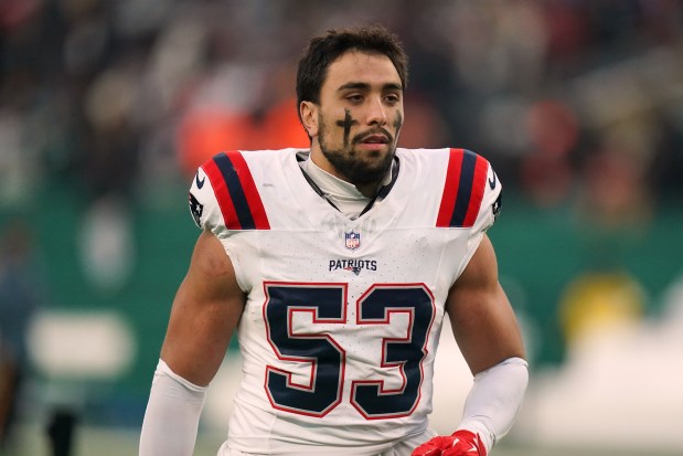 New England Patriots linebacker Christian Elliss (53) after an NFL football game against the New York Jets, Sunday, Dec. 28, 2025 in New York. The Patriots won 42-10. (AP Photo/Vera Nieuwenhuis)
