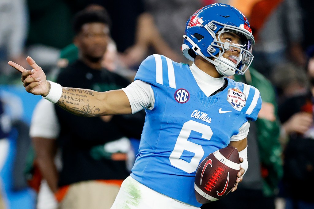 Trinidad Chambliss of Ole Miss reacts after a play at the Fiesta Bowl.