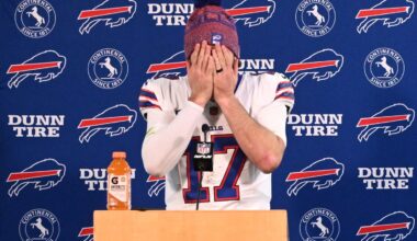 Bills' Josh Allen wipes away tears after another playoff loss