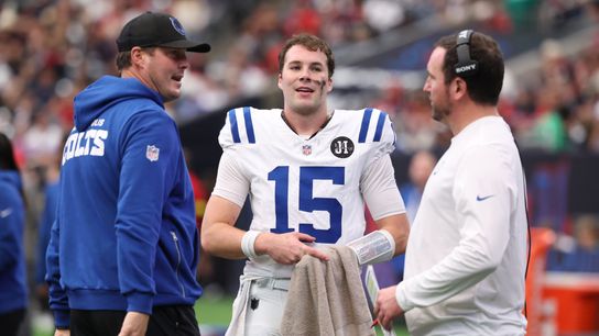 Jan 4, 2026; Houston, Texas, USA; Indianapolis Colts quarterback Philip Rivers (17) with quarterback Riley Leonard (15) on the sidelines during the second half against the Houston Texans at NRG Stadium. 