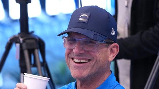 January 27, 2026; El Segundo, California, USA; Los Angeles Chargers coach Jim Harbaugh attends introductory press conference for offensive coordinator Mike McDaniel at The Bolt.