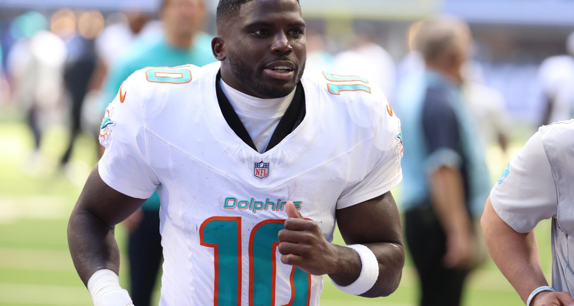 Miami Dolphins wide receiver Tyreek Hill (10) leaves the field after losing to the Indianapolis Colts at Lucas Oil Stadium.