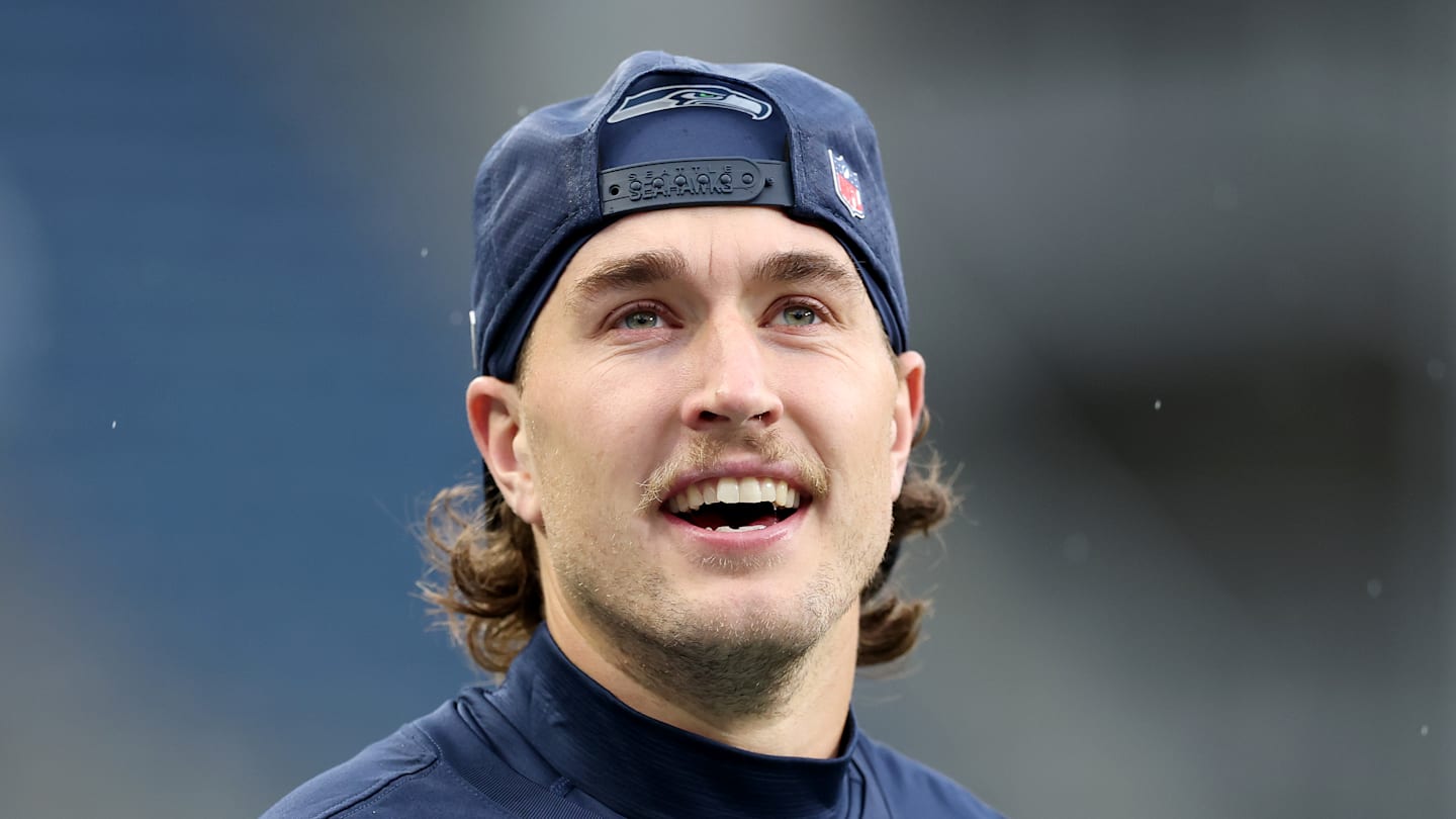 Jake Bobo of the Seattle Seahawks smiles