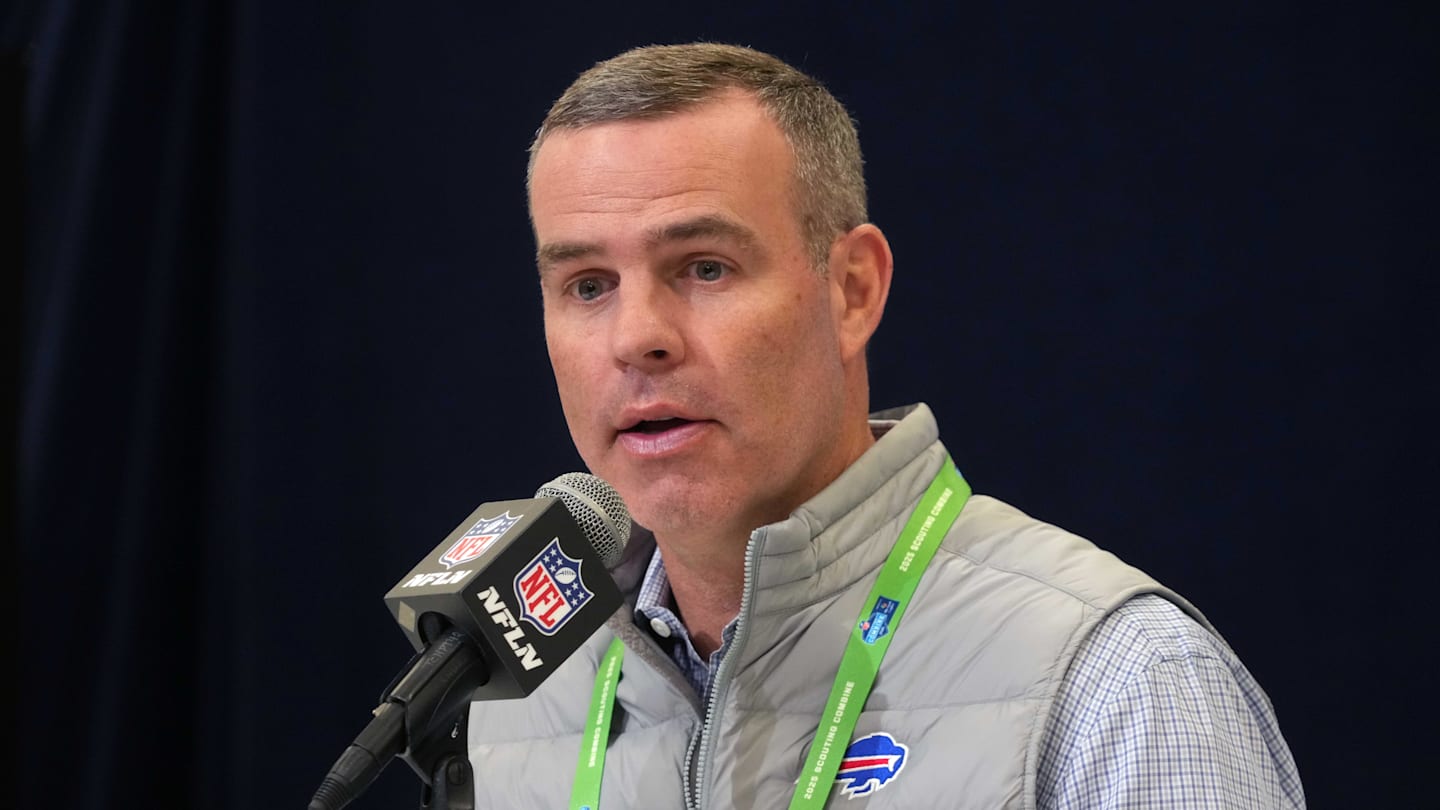 Feb 25, 2025; Indianapolis, IN, USA; Buffalo Bills general manager Brandon Beane speaks during the NFL Scouting Combine at the Indiana Convention Center. Mandatory Credit: Kirby Lee-Imagn Images