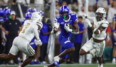 Aug 31, 2024; Atlanta, Georgia, USA; Georgia State Panthers wide receiver Ted Hurst (16) runs after a catch against Georgia Tech Yellow Jackets in the second quarter at Bobby Dodd Stadium at Hyundai Field. Mandatory Credit: Brett Davis-Imagn Images