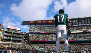 Dec 14, 2025; Philadelphia, Pennsylvania, USA; Philadelphia Eagles linebacker Nakobe Dean (17) stands during the National Anthem before the game against the Las Vegas Raiders at Lincoln Financial Field. Mandatory Credit: Bill Streicher-Imagn Images
