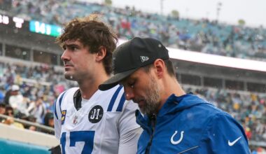 Indianapolis Colts quarterback Daniel Jones leaves the field