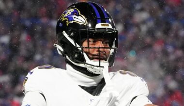 Jan 19, 2025; Orchard Park, New York, USA; Baltimore Ravens tight end Isaiah Likely (80) celebrates after making a catch during the first quarter against the Buffalo Bills in a 2025 AFC divisional round game at Highmark Stadium. Mandatory Credit: Gregory Fisher-Imagn Images