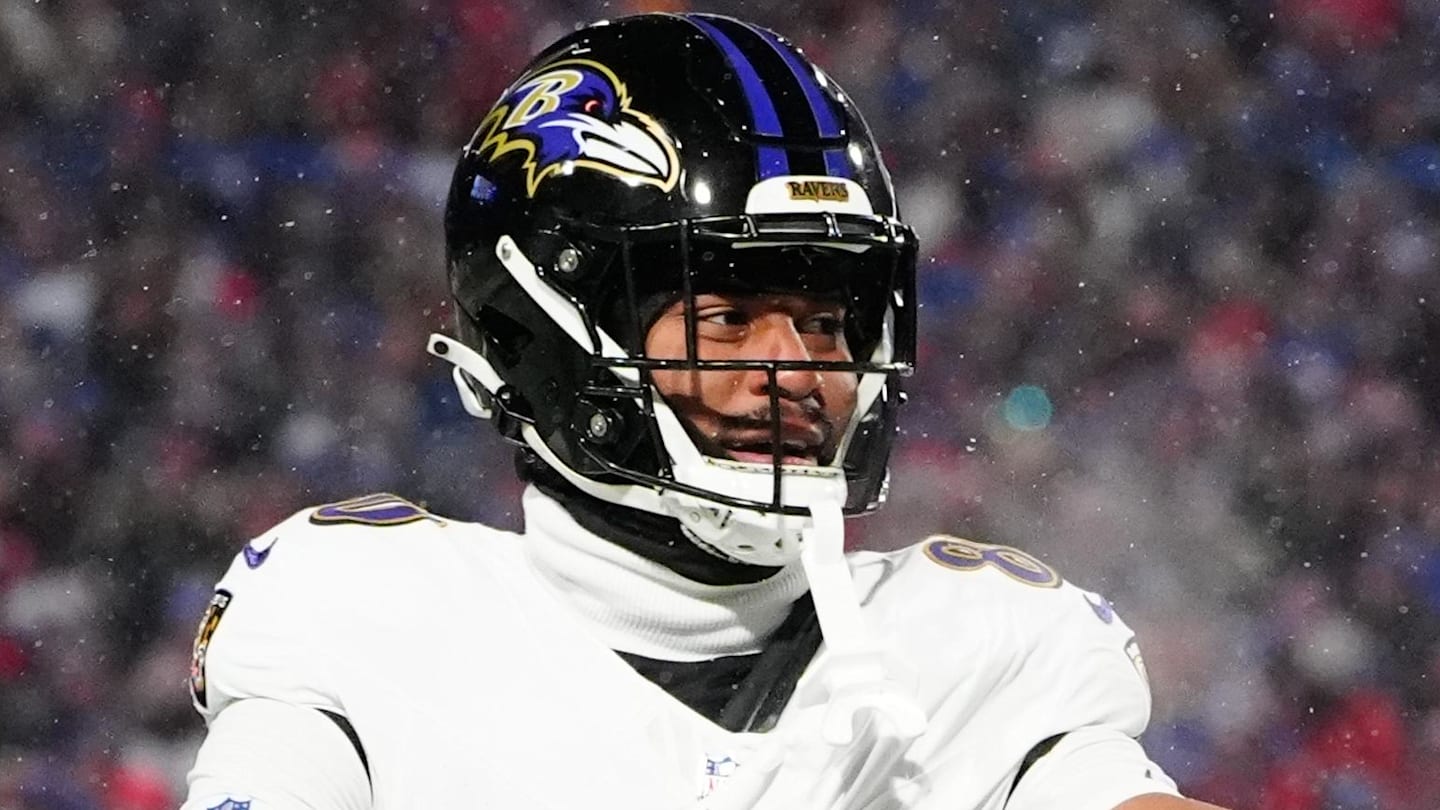Jan 19, 2025; Orchard Park, New York, USA; Baltimore Ravens tight end Isaiah Likely (80) celebrates after making a catch during the first quarter against the Buffalo Bills in a 2025 AFC divisional round game at Highmark Stadium. Mandatory Credit: Gregory Fisher-Imagn Images