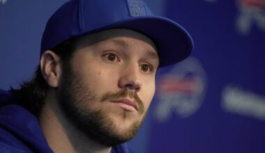Bills quarterback Josh Allen answer a range of questions after the press conference introducing Joe Brady as the new head coach at the Bills field house in Orchard Park on Jan. 29, 2026.