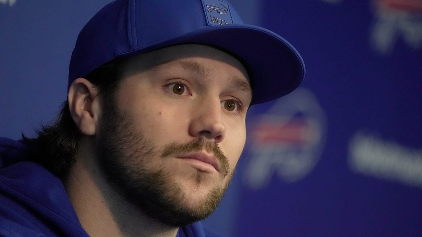 Bills quarterback Josh Allen answer a range of questions after the press conference introducing Joe Brady as the new head coach at the Bills field house in Orchard Park on Jan. 29, 2026.