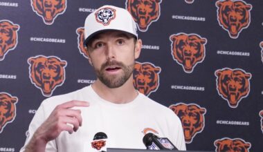 May 10, 2025; Lake Forest, IL, USA; Chicago Bears offensive coordinator Declan Doyle answers questions after rookie minicamp at Halas Hall. Mandatory Credit: David Banks-Imagn Images