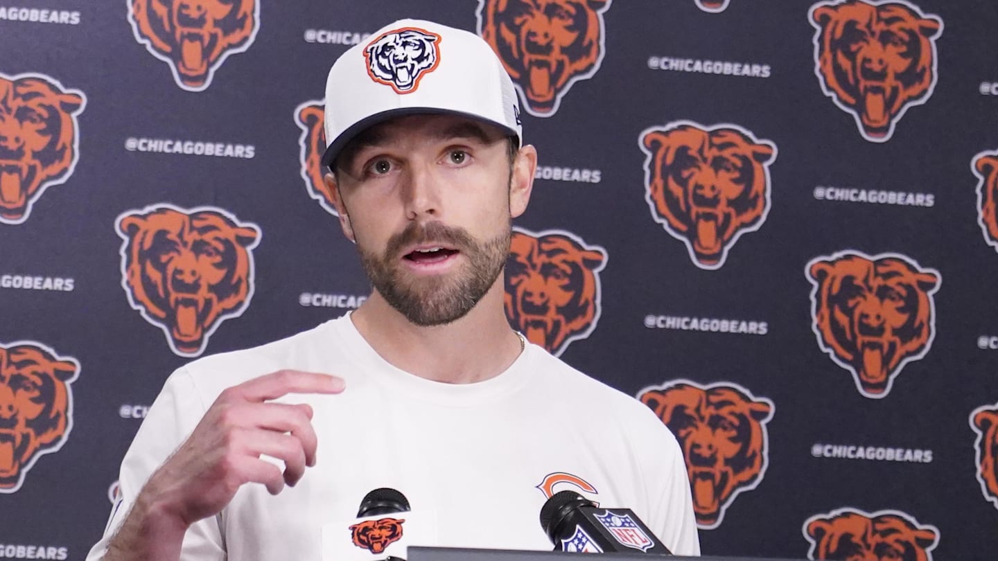 May 10, 2025; Lake Forest, IL, USA; Chicago Bears offensive coordinator Declan Doyle answers questions after rookie minicamp at Halas Hall. Mandatory Credit: David Banks-Imagn Images