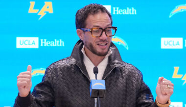 January 27, 2026; El Segundo, California, USA; Los Angeles Chargers offensive coordinator Mike McDaniel speaks at introductory press conference at The Bolt. Mandatory Credit: Kirby Lee-Imagn Images