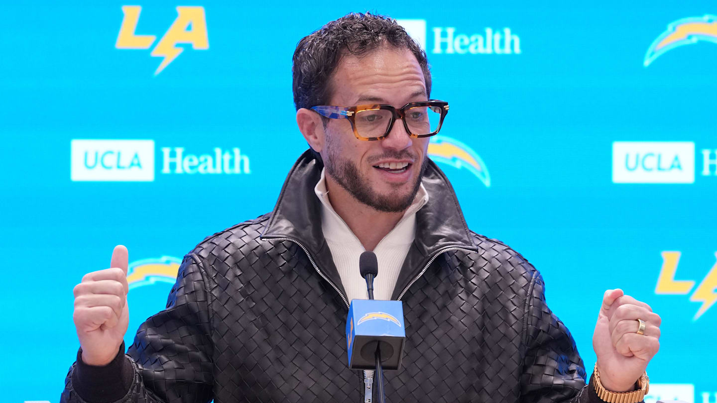January 27, 2026; El Segundo, California, USA; Los Angeles Chargers offensive coordinator Mike McDaniel speaks at introductory press conference at The Bolt. Mandatory Credit: Kirby Lee-Imagn Images