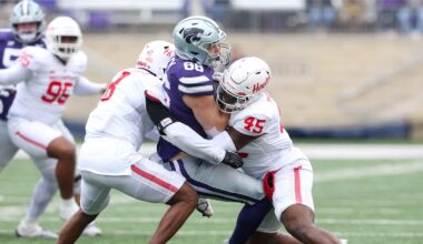 Oct 28, 2023; Manhattan, Kansas, USA; Kansas State Wildcats tight end Garrett Oakley (86) is tackled by Houston Cougars defensive lineman Nadame Tucker (45) and linebacker Malik Robinson (8) during the second quarter at Bill Snyder Family Football Stadium. Mandatory Credit: Scott Sewell-Imagn Images